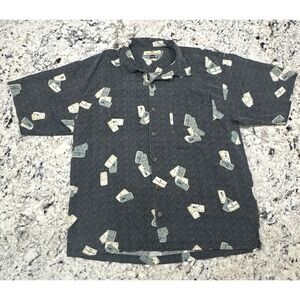 Vintage Tommy Bahama Mens Gray 100% Silk Dominos SS Button Down Shirt  Large Y2K